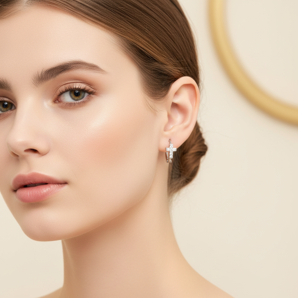 Cross hoop earrings being worn