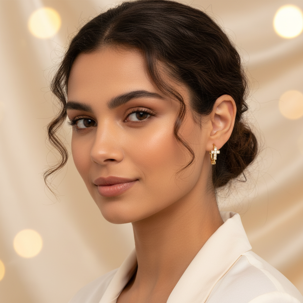 Gold cross hoop earrings being worn