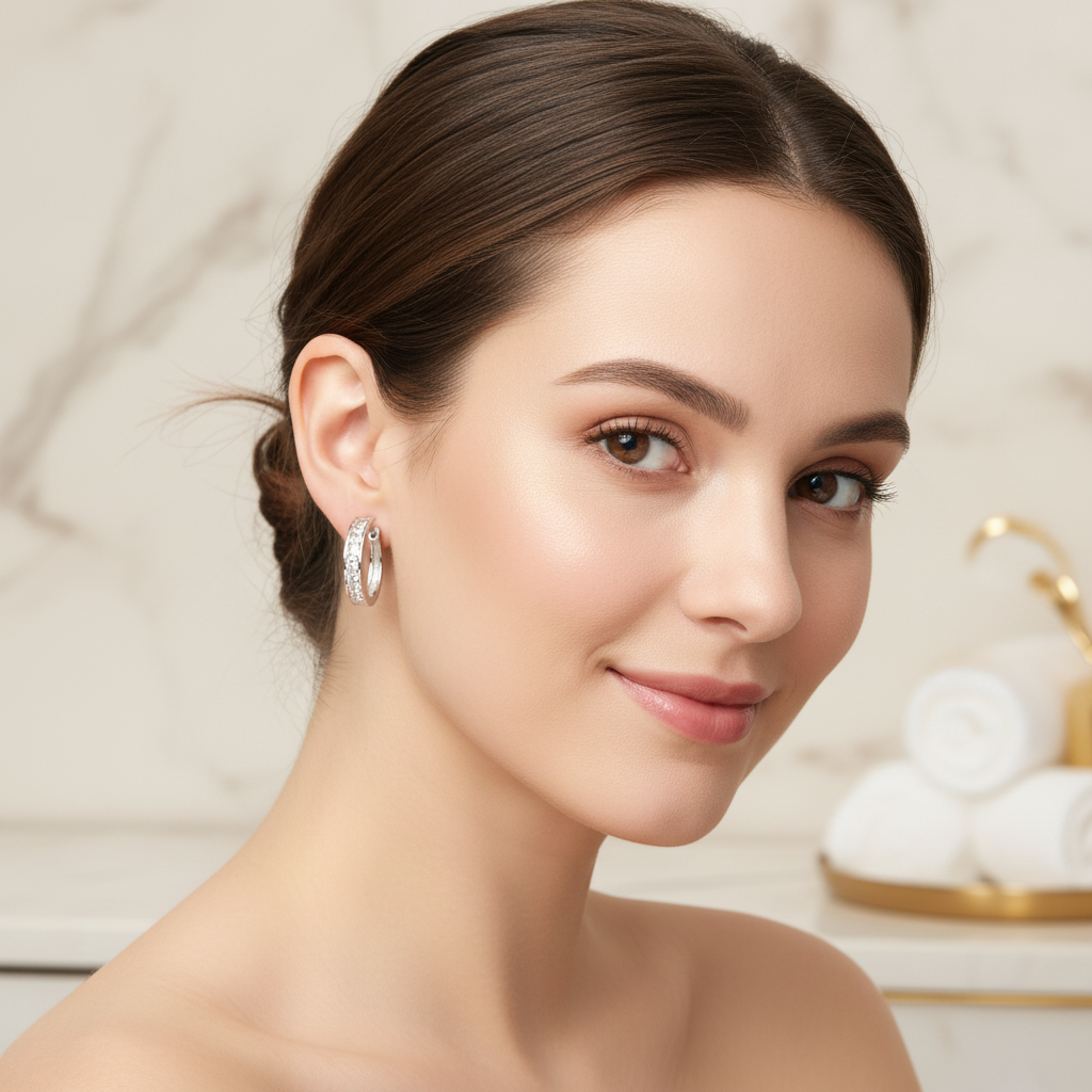 Sterling silver hoop earrings being worn