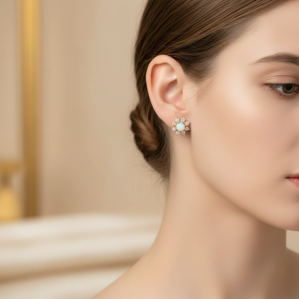 Sterling silver opal stud earrings being worn