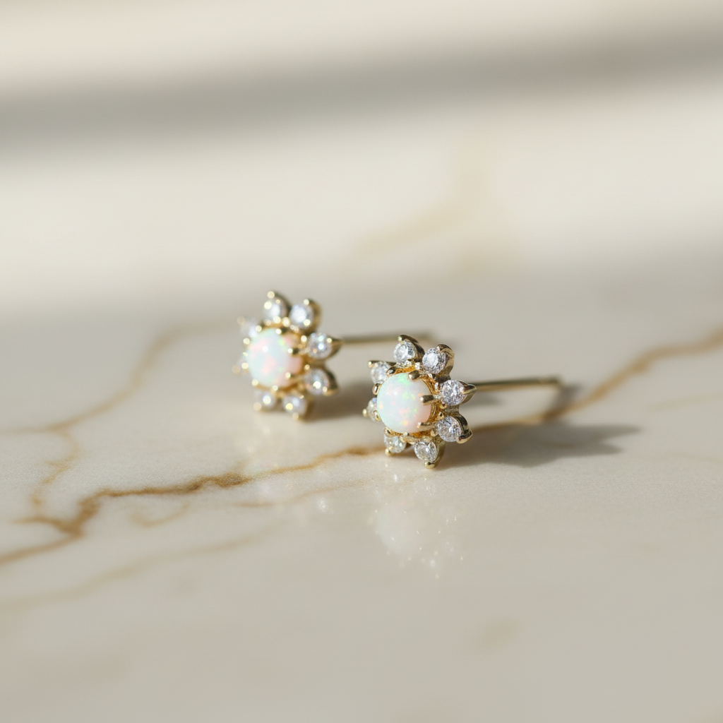 Sterling silver opal stud earrings - close-up